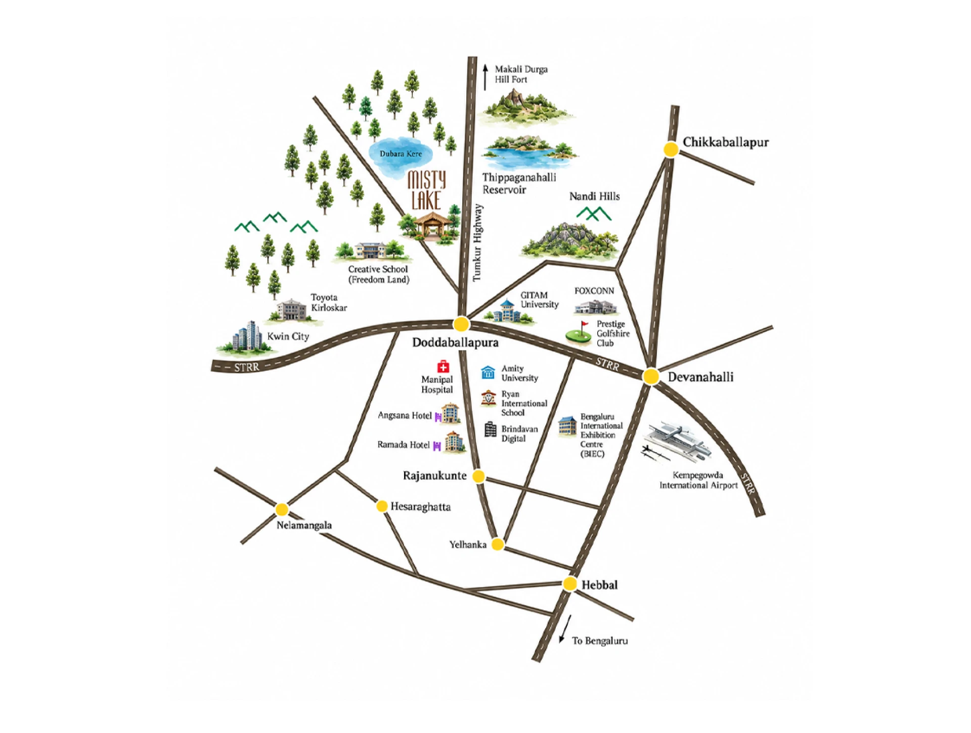 Illustrated map showing Misty Lake near Doddaballapura and surrounding destinations